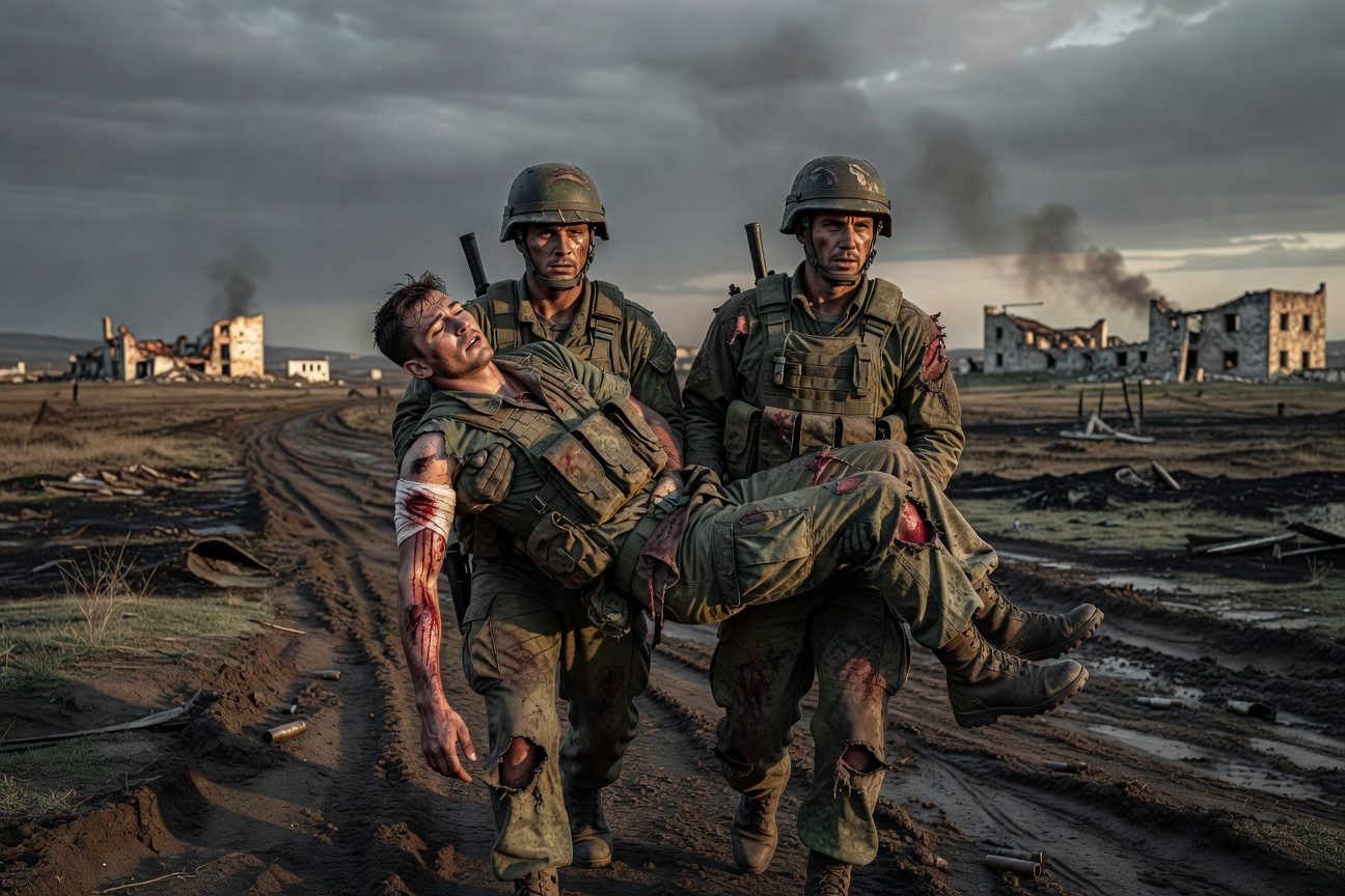 image of wounded soldier being carried by fellow warriors